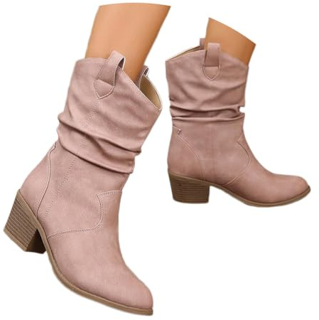 shownicer Bottes et Bottines Femme de Cowboy Motard Casual Bottes à Talons éPais Automne et Hiver Mode Bout Rond Confortables sans Lacet Chaussures Courtes