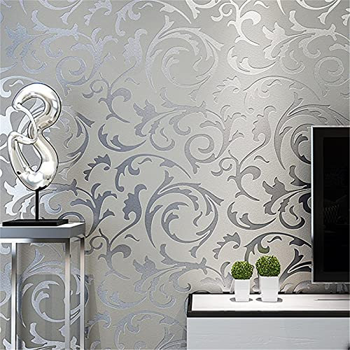 LMTYJZRY Tapete 3D Grau Viktorianisch Damast Geprägte Tapetenrolle Wohnkultur Wohnzimmer Schlafzimmer Wandverkleidungen Silber Floral Luxus Tapeten