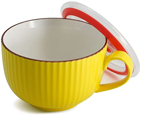 Suppenschüsseln aus Keramikporzellan mit Deckel, große Suppentasse mit Henkel, kleine Ramen-Schüsseln für die Mikrowelle, Frühstücksschüssel-gelb-800ml