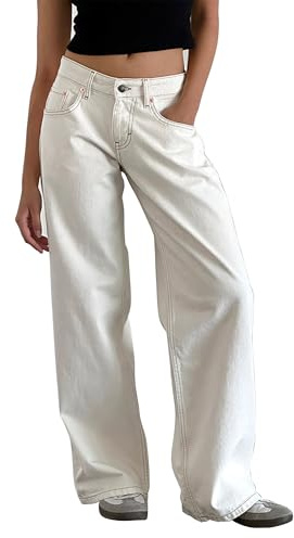 Womens Y2K Low Rise Baggy Jeans Straight Wide Leg Boyfriend Trousers Casual Loose Fit Denim Pants Streetwear (D-White, S)