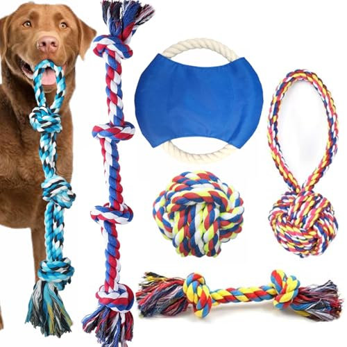 TUAHOO Hundespielzeug Seil für mittelgroße und große Hunde & kleine, unzerstörbares Hundespielzeug, Frisbee Hund Seil Ball, interaktives Seilspielzeug zum Kauen, Zähneputzen, Set mit 6