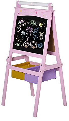HOMCOM Kindertafel Kinder Staffelei Schreibtafel 3-in-1-Design Spieltafel mit 2 abnehmbaren Aufbewahrungskörben magnetisch für Kinder über 3 Jahre MDF Vliesstoff Rosa 58,5 x 50,5 x 118 cm