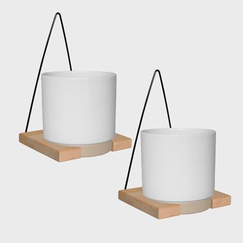 Green Me Up Fenix Wandhänger Set 2er aus Holz mit Metallbügel, inkl. Keramiktopf (13 cm), Hängende Blumentöpfe für Pflanzen, Wanddeko für Zimmer, Balkon & Garten