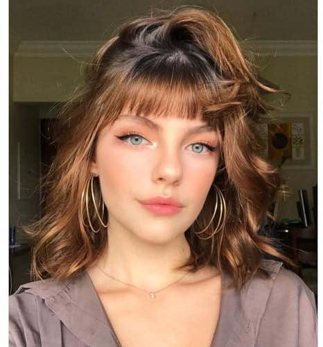 DaiMer Short Heat Resistant Bob Wig with Bangs Auburn Brown for Women 16 Inch Wavy Curly Brown Synthetic Fiber Wig Shoulder Length Look Natural