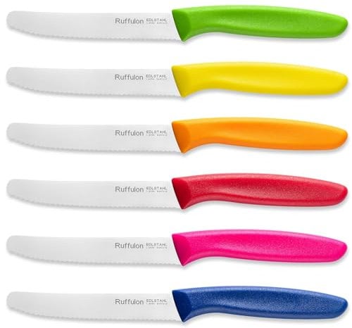 Ruffulon Tomato Knife Set of 6,Serrated Kitchen Knives,Sharp Blade Classic Utility Knife,Stainless Steel Wavy Edge Tomato Knives&Table Knives,Muticolor Plastic Handle Dinner Knifes,Dishwasher Safe