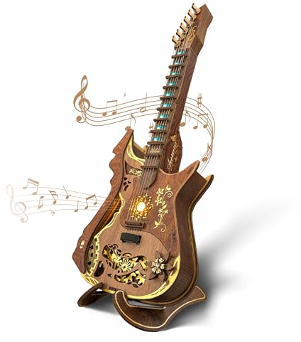 FUNPOLA 3D Holzpuzzle Akkord-Gitarre LED Kit – Spielbares Akustikgitarren Modell mit LED-Licht, DIY mechanisches Musik-Bastelset für Erwachsene und Jugendliche