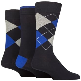 Glenmuir Men’s 3 Pair Cotton Socks – New Waverley Argyle & Plain, Soft, Breathable for Work & Dress Wear, Comfortable Everyday Fit, Classic Diamond Pattern, Size 7-11