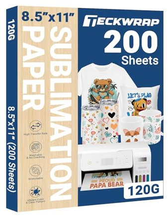 TECKWRAP Sublimationspapier, 21,6 x 27,9 cm, 200 Blatt, kompatibel mit Sublimationsdrucker und Sublimationstinte, 120 g/m², für Tassen, T-Shirts, leichte Stoffe und andere Sublimationsrohlinge zum