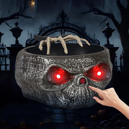 Rppiup Halloween Süßigkeiten Schüssel Deko, Halloween-animierte Skelett-Süßigkeitsschale mit LED-Augen, Gruseligem Sound und beweglicher Skeletthand, Schädelschüssel für Horror-Party, Tischdekoration
