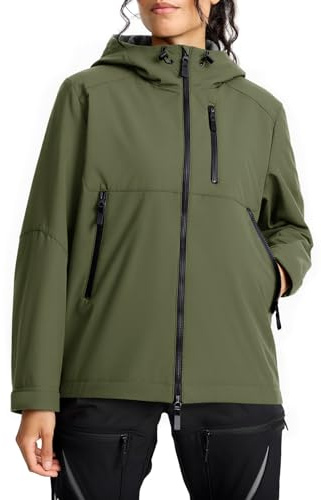 Fiosew - Giacca impermeabile da donna, in pile, antivento, leggera, con cappuccio, verde militare, M