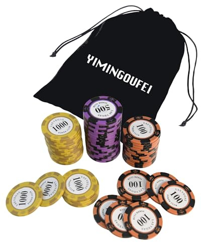 YIMINGOUFEI Pokerchip-Set 60 Tonchips mit Nennwert und Flanellbeutel | Je 20 Chips in den Werten 100, 500 und 1000, ideal zum Ergänzen bestehender Poker- und Heimspielsets
