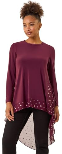 Roman Originals Chiffon Dipped Hem Top Asymmetric Tunic for Women UK Ladies Stretchy Jersey Flared Blouse Smart Fit & Flare Form Casual Loose Longline Party Hanky Tunics - Burgundy - Size 18