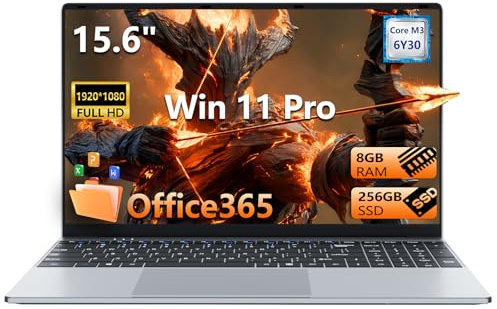 15.6 inch Laptop with Office 365, Notbook PC Core M3-6Y30 Processor, Win 11 Laptop 8GB RAM 256GB SSD, IPS FHD 1920*1080P Screen, PC Computer with Backlit keyboard/Webcam/Wi-Fi5/BT4.2/Mini-HDMI/USB3.0