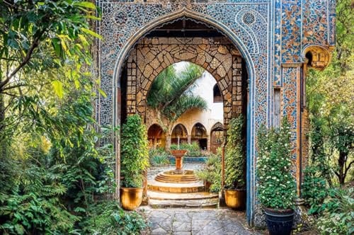 Mosaik-Torbogen mit Brunnen, Garten-Wandbild, Tapisserie, Vorhang, Banner, Sichtschutz, Hintergrund, Display (B x H): 300 x 180 x 180 cm