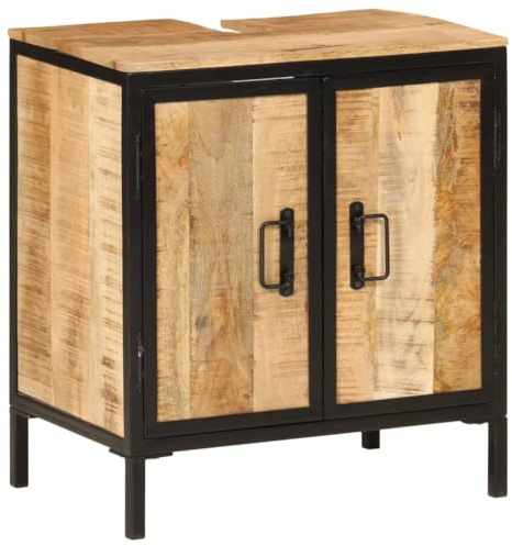 Frdhee Meuble sous-vasque, meuble de salle de bain, lavabo 55 x 35 x 60 cm, bois massif mangue et fer, pour toilettes d'invités, salle de bains familiale, salle de bain compacte, montage facile