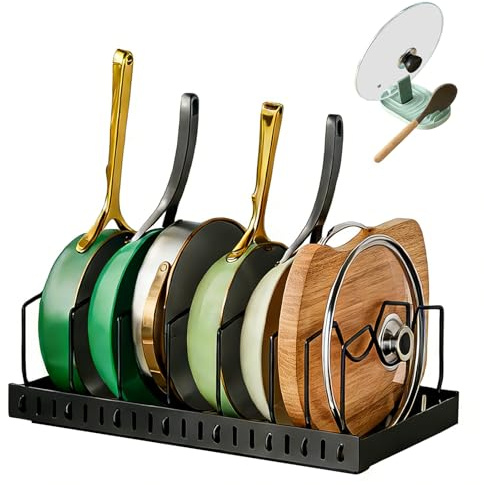Pull Out Cabinet Organiser for Kitchen Cupboard, Extendable Pot and Pan Organiser Rack, Expands from 42 to 66.5 cm, Slide Out Pan Lid Holder with 8 Adjustable Dividers
