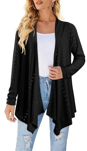 KISSMODA Womens Long Sleeve Draped Open Front Eyelet Cardigan Casual Lightweight Loose Jumper Duster Beach Cover Up