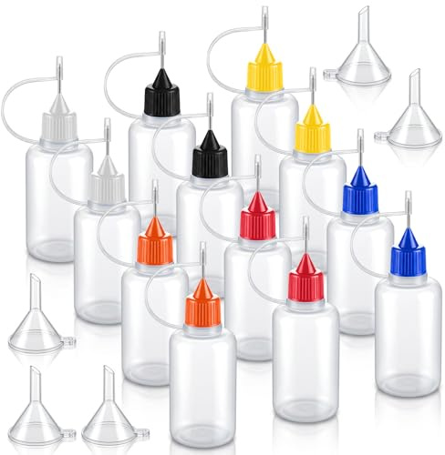 Skrfren 12 PCS Precision Tip Applicator Bottles, 30ml Needle Tip Squeeze Bottles with 5 Funnel, Plastic Glue Bottle DIY Art Supplies for Quilling Craft & Acrylic Painting Glue Ink (6 Colors)
