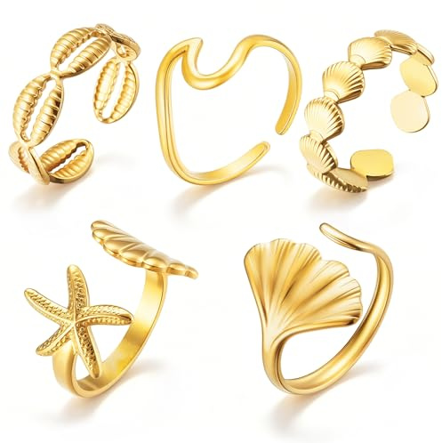 Gold Ringe Set, 5 Stück Ring Damen Goldene Sommer Ringe Ocean, Seestern Muschel Ring Welle Gold Wasserfest, Edelstahl Ringe Damen Verstellbare Ring Goldener Damen, Einfacher Offen Ring für Frauen
