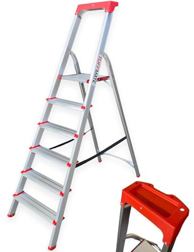 Lightweight Step Ladder 6 Step EN:131 Safety Cert, 150kg Max Load - Compact Aluminium Stepladder with Non-Slip Wide Step, Portable TUFFMATE