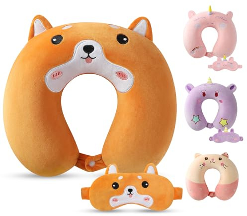 Alaoo Almohada de Viaje para Niños,Almohada Cuello en Forma de U Espuma Memoria,Animales Lindos Cojin de Viaje Cuello con Antifaz para Silla de Avión,Coche,Cojín de Descanso para Dormir