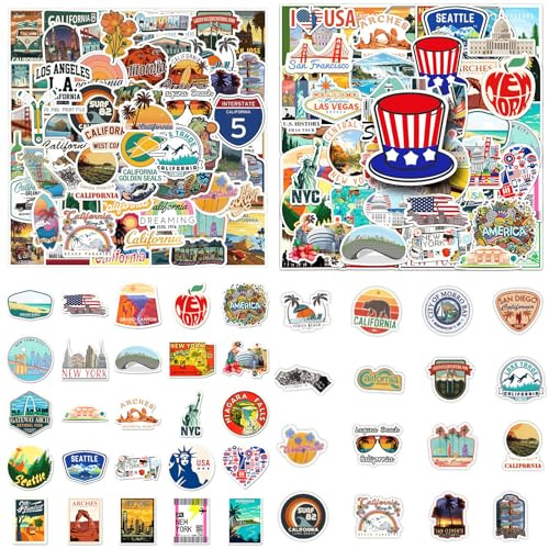 110 Stück USA Aufkleber Set, Amerika Reise Sticker für Koffer & Scrapbooking, Wasserdichte Retro Travel Aufkleber für Laptop, Wasserflasche, Fotoalbum, Gepäck USA Deko