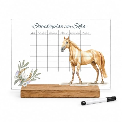 Hochzeitideal - Personalisierter Stundenplan mit Sockel | abwischbar | nachhaltig | wiederverwendbar | Geschenk Einschulung 1. Schultag | bedrucktes Acryl (Pferd 2)