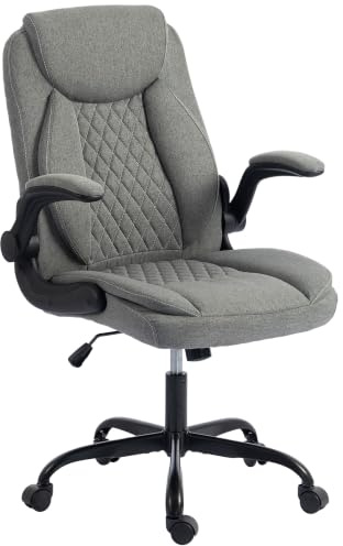 HOMCOM Executive Office Chair with Flip-Up Armrests for Home Grey | Linen-Look Computer Desk Chair, Thick Cushion, Tilt Function, Height Adjustable