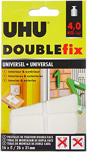 UHU Doublefix universel -Ruban adhésif double face, ultra fort, résistance à 120 Kg, blanc, 16 pastilles