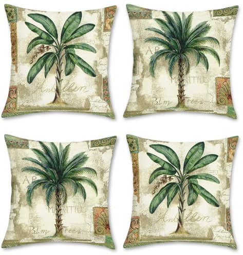 Bonhause Tropical Palm Tree Cushion Covers 45 x 45 cm Green Leaves Vintage Decorative Throw Pillow Covers Polyester Linen Pillowcases for Sofa Patio Outdoor Home Decor Set of 4