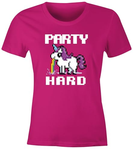 MoonWorks® Damen T-Shirt Party Hard kotzendes Einhorn Fun-Shirt Saufsprüche Spruch lustig