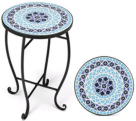 Bonnlo Mosaic Garden Table, 35cm Ceramic Top Garden Side Table, Versatile Plant Stand for Patio Balcony Home Decor, Mediterranean Blue