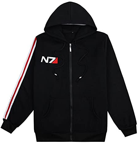 Mass Effect N7 Kapuzenjacke Herren Mit Reißverschluss,Hoodie Sweatjacke Männer Schwarz,Cosplay Hoodie Herren Zipper Hoody Pullover