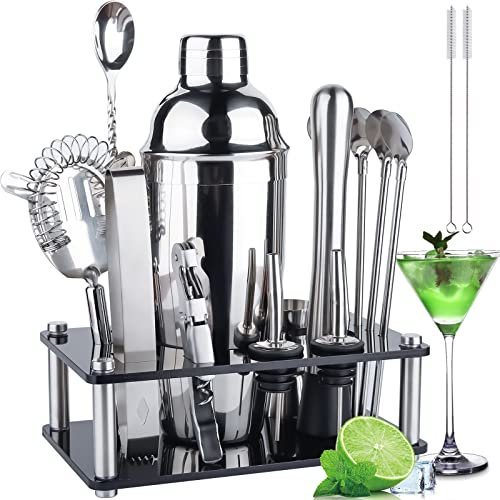 MUOIVG Shaker Cocktail 17 Pièces, Acier Inoxydable Shaker à Cocktail 750ml, Shaker Cocktail Set Professionnel,Kit de Barman,avec Étagère en Cristal,pour La Maison, Bar, Fête, Choix de Cadeau Parfait