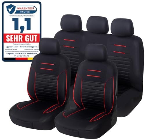Upgrade4cars Autositzbezüge Set Universal | Autoschonbezüge Vordersitze & Rückbank | Autositzbezug Schwarz Rot | Autozubehör Innenraum Deko | Geschenke für Frauen und Männer