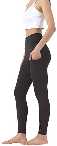 OVRUNS Pantalones de yoga para mujer, leggings de cintura alta, control de abdomen, entrenamiento, correr, ejercicio, gimnasio, fitness, leggings con bolsillo, Granito Negro, 44