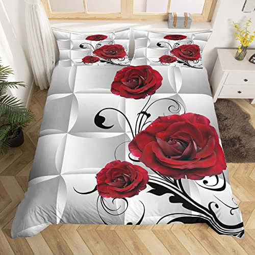 Homemissing Rose Parure de Lit 240x260cm pour Enfants Rose Rouge Floral Parure Housse de Couette 3D Géométrique Carré Housse de Couette Chambre Moderne Grille Romantique Fleur Décor Collection 3Pcs