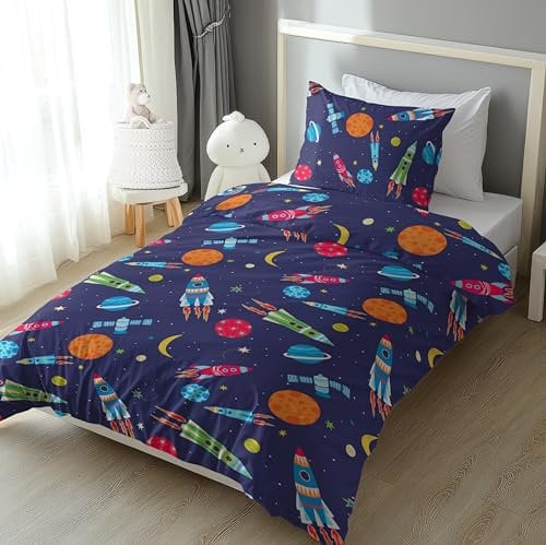 LINKHOFF Bettwäsche Astronauten 135x200 für Kinder - Weltall Raketen Kinderbettwäsche Jungen Weltraum & Planeten Motive - Renforce 100& Baumwolle - Kissen + Bettbezug