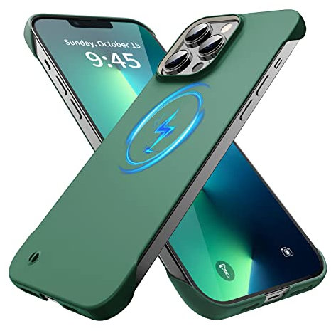 GRECAZO Magnetic Slim Case Fit for iPhone 13 Pro Max Phone Case 6.7(2021) Ultra-Thin Lightweight Durable Frameless Matte Hard MagSafe Cover Case with Pull Ring Shockproof Non Slip Rope-Dark Green