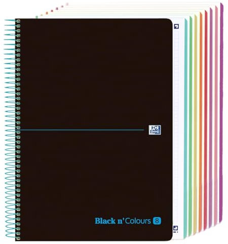 Oxford Cahier A4 quadrillé 5 x 5, couverture en plastique, 8 bandes de couleur, feuilles micro-perforées, couleur noire