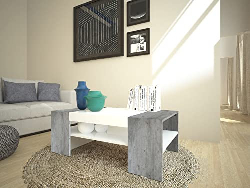 möbelando Couchtisch Kaffeetisch Sofatisch Beistelltisch Wohnzimmer Tisch Cesena I Weiß-Hochglanz/Beton