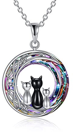 YAFEINI 3 Katzen Anhänger Halskette Kristall Keltische Mond Katze 925 Sterling Silber Schwarze Katze Liebhaber Weihnachtsschmuck Geschenke für Frau Mutter Großmutter Themen