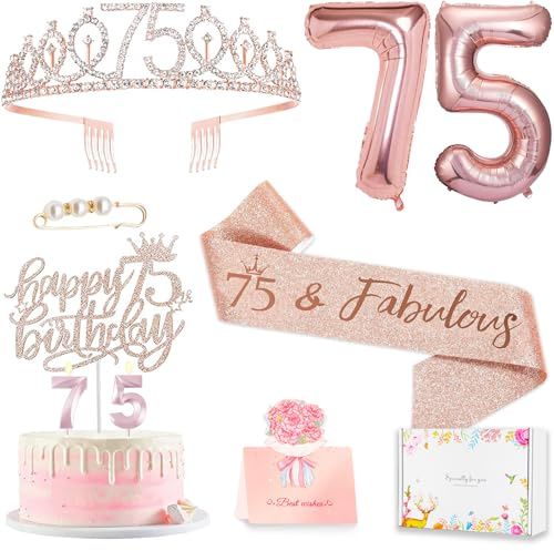 75 Geburtstag Dekorationen für Mädchen, einschließlich 11 Geburtstag Tortendeko, Geburtstagskönigin Schärpe mit Perlennadel, Strass Diadem Kerzen und Luftballons, Roségold