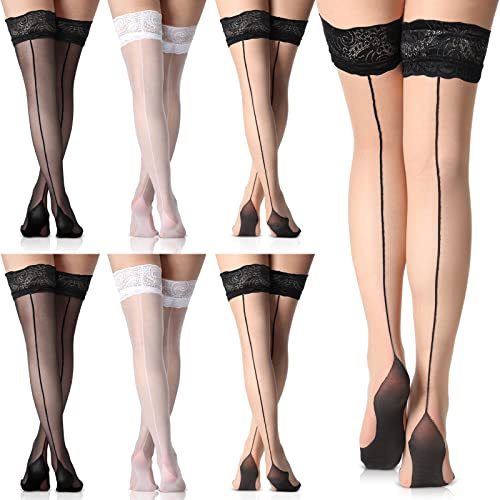 Sintege 6 Pairs Women Seamed Thigh High Stockings Cuban Heel Stockings Sheer Socks Backseam Thigh High Closed Toes Socks(Lace Style)
