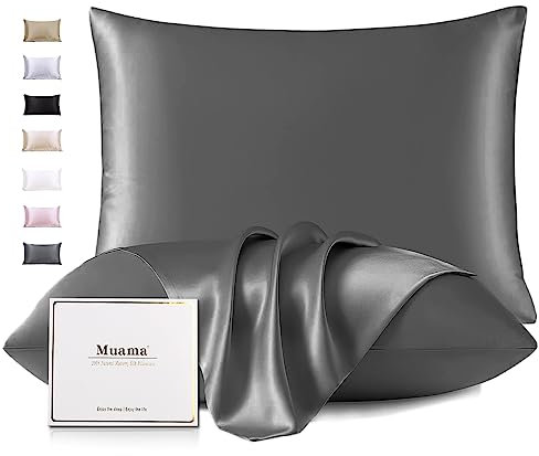 2er Set Seidenkissenbezug 40x80, Muama Kopfkissenbezug 40 x 80 cm für Haar und Haut Kissenbezug Seide mit Reißverschluss, Silk Pillowcase 2 Stück, Anthrazit