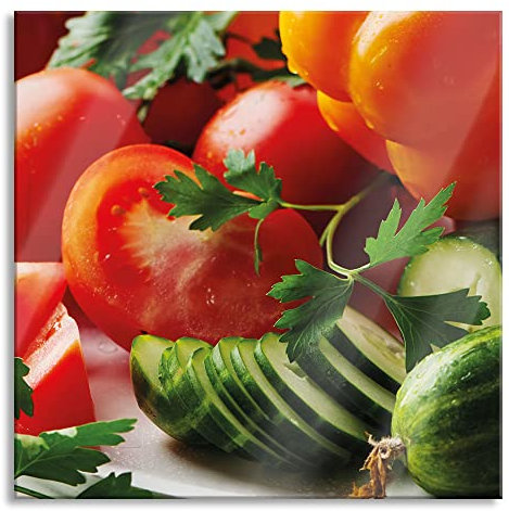 Pixxprint Glasbild, Wandbild auf Echtglas, Obst Gemüse Gurke Tomaten, 60x60 cm, inkl. Aufhängung und Abstandshalter