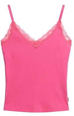 Superdry Damen Geripptes Essential Trägertop mit Spitze aus Bio-Baumwolle Sweet Fuchsia Pink S/M