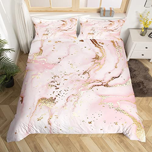 Pink Marble Duvet Cover Set Double Size, Abstract Stone Texture Bedding Set 3pcs for Kids Boys Girls Bedroom Decor, Gold Glitter Comforter Cover Soft Polyester Quilt Cover with 2 Pillowcases