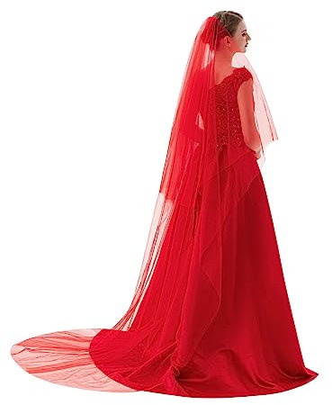 PAMOR 2-stufiger Spitzenschleier Kathedrale Tüll Sheer Hochzeit Halloween Party Kostüm Schleier für Braut mit Kamm, Rot/Ausflug, einfarbig (Getaway Solids), Lange
