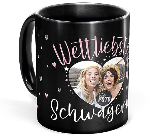 Tassendruck Schwarze Tasse mit Spruch für die weltliebste Schwägerin - Tasse mit Foto selbst gestalten - Geschenk für Schwägerin, Fotogeschenk Familie | Schwarze Fototasse, 300 ml
